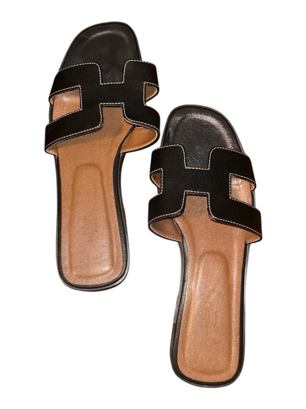 Hermes Oran Women's Slide US 8 Black Tan Calfskin Open Toe Casual Slip On Sandal - Picture 5 of 9